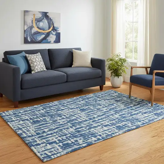 Blue Denim Blue And Ivory Abstract Geometric Washable Area Rug With UV Protection Photo 2