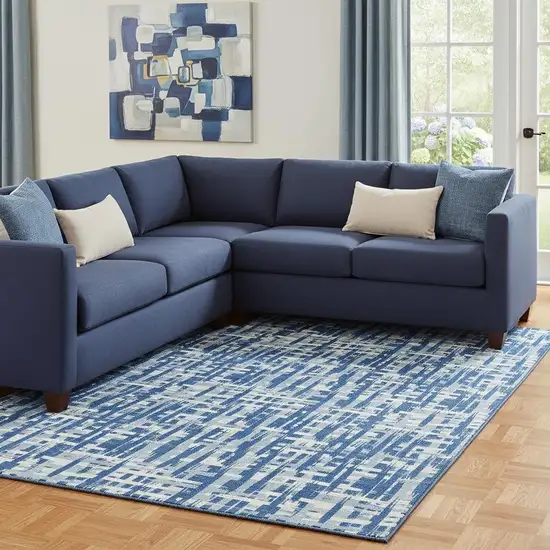 Blue Denim Blue And Ivory Abstract Geometric Washable Area Rug With UV Protection Photo 2