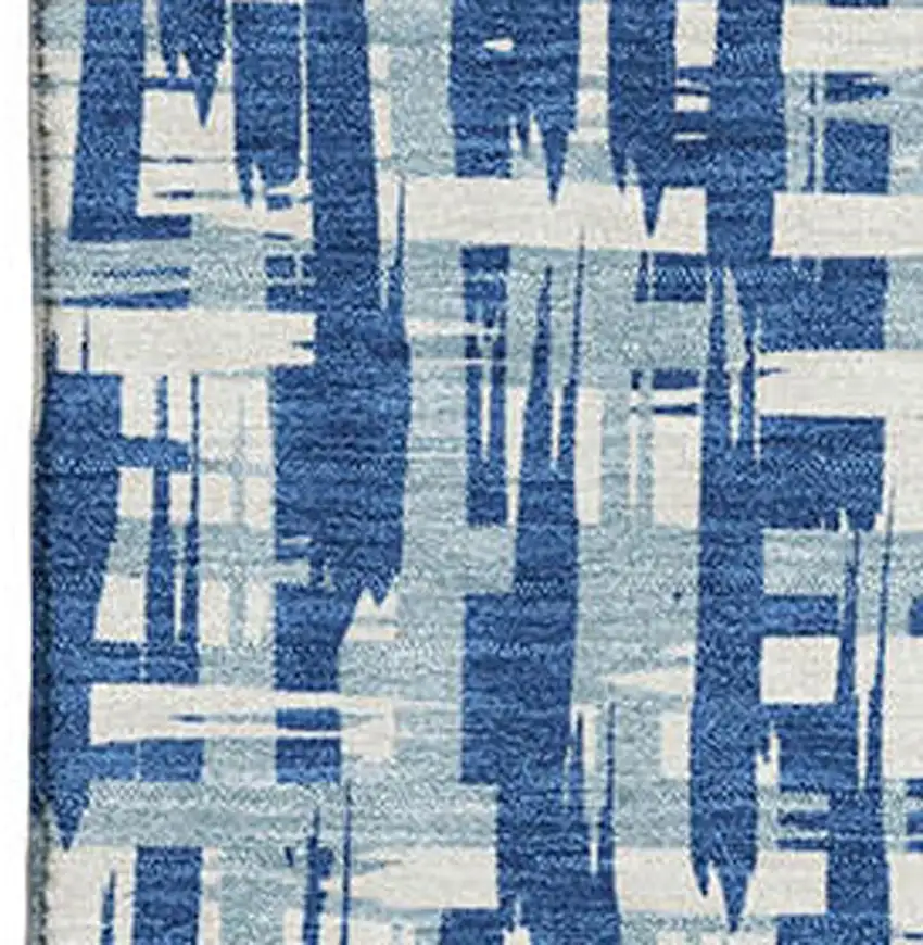 Blue Denim Blue And Ivory Abstract Geometric Washable Area Rug With UV Protection Photo 2