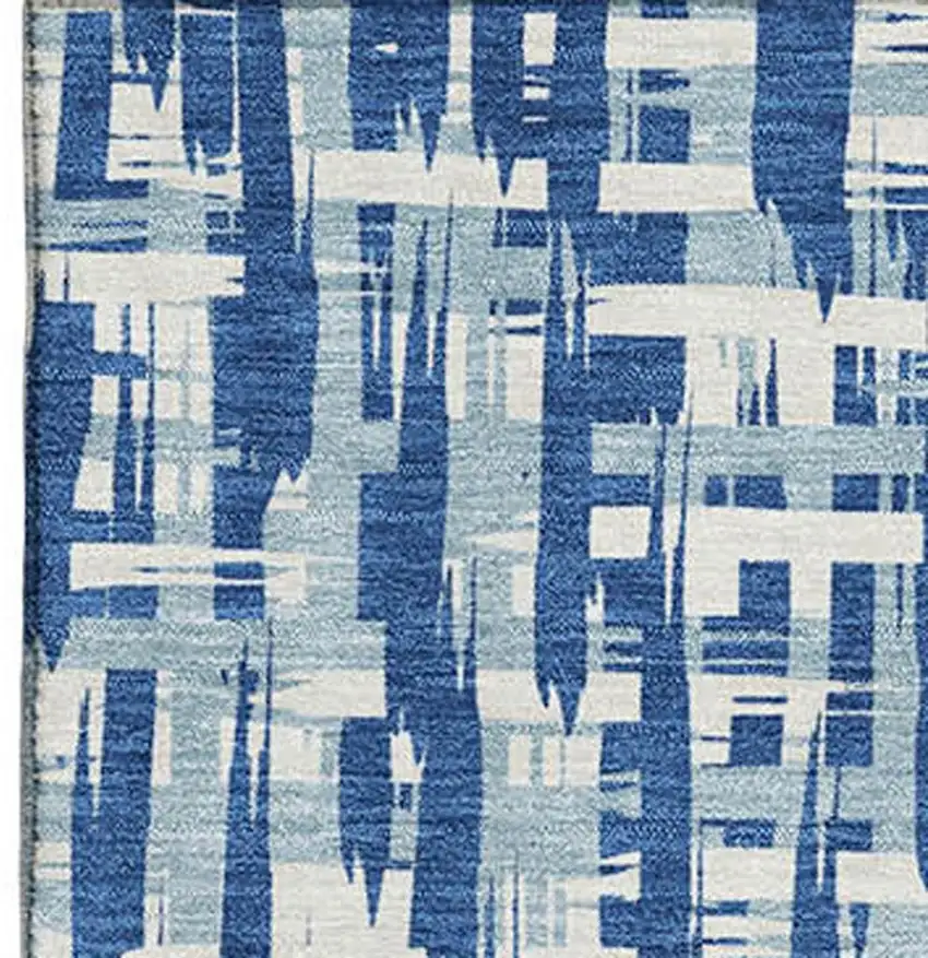 Blue Denim Blue And Ivory Abstract Geometric Washable Area Rug With UV Protection Photo 3