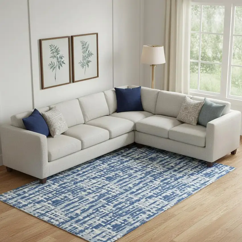 Blue Denim Blue And Ivory Abstract Geometric Washable Area Rug With UV Protection Photo 2