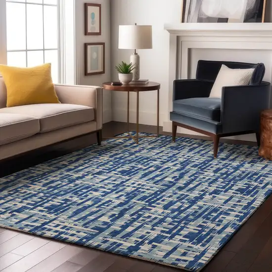 Blue Denim Blue And Ivory Abstract Geometric Washable Area Rug With UV Protection Photo 4