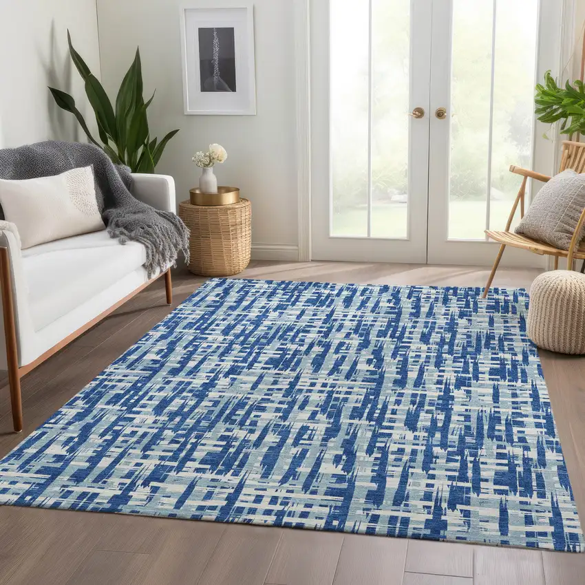 Blue Denim Blue And Ivory Abstract Geometric Washable Area Rug With UV Protection Photo 5