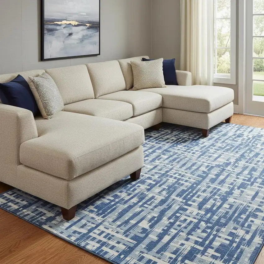 Blue Denim Blue And Ivory Abstract Geometric Washable Area Rug With UV Protection Photo 2