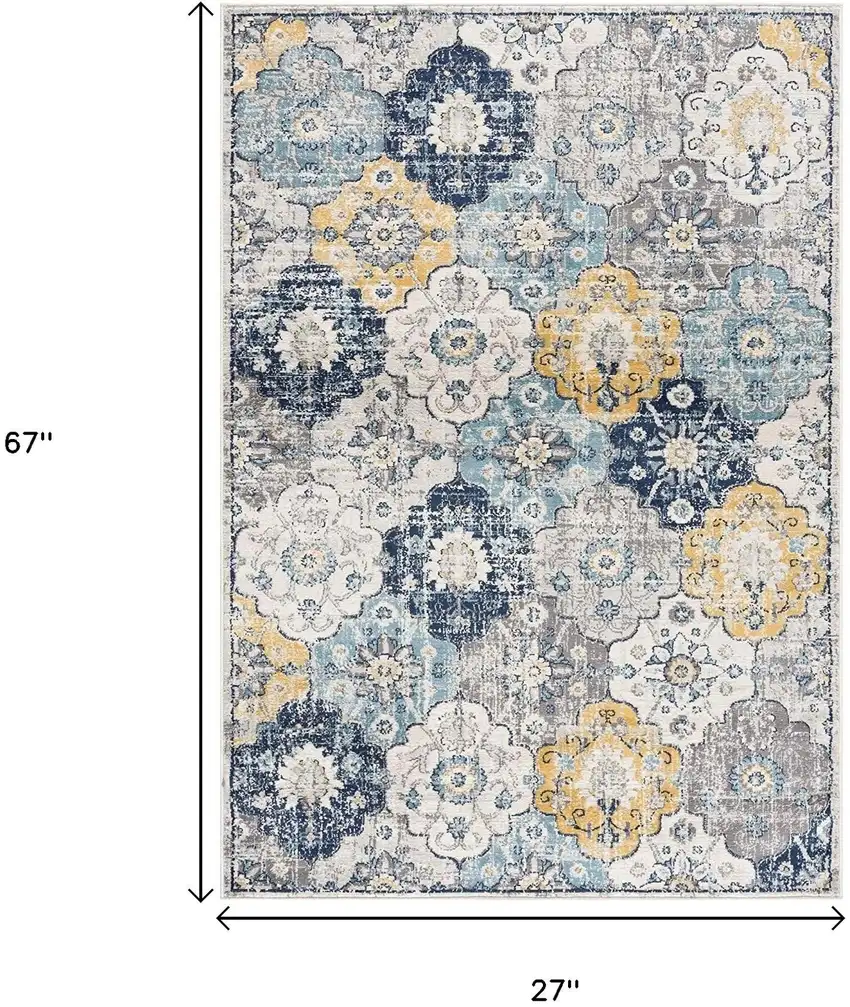 6' Blue And Yellow Floral Runner Rug Photo 7