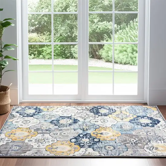 6' Blue And Yellow Floral Runner Rug Photo 2