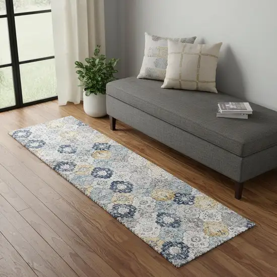 6' Blue And Yellow Floral Runner Rug Photo 1