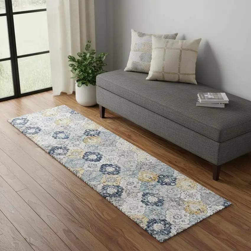 6' Blue And Yellow Floral Runner Rug Photo 1