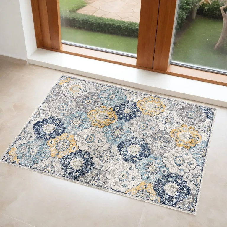 Blue Distressed Floral Area Rug Photo 4