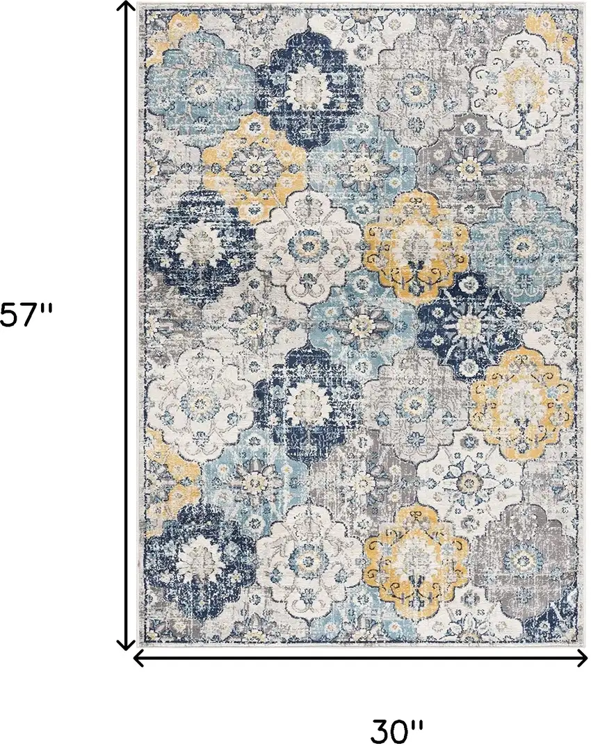 Blue and Yellow Floral Distressed Area Rug Photo 3