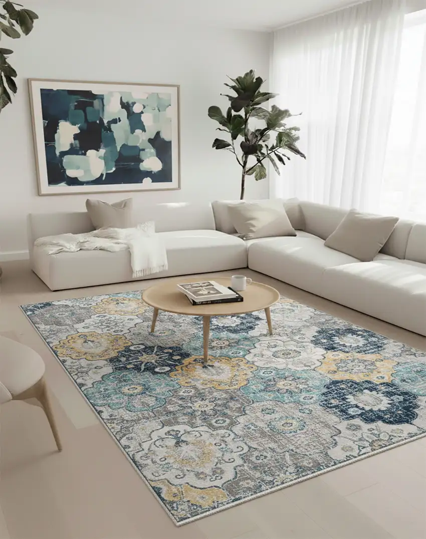 Blue and Yellow Floral Area Rug Photo 6
