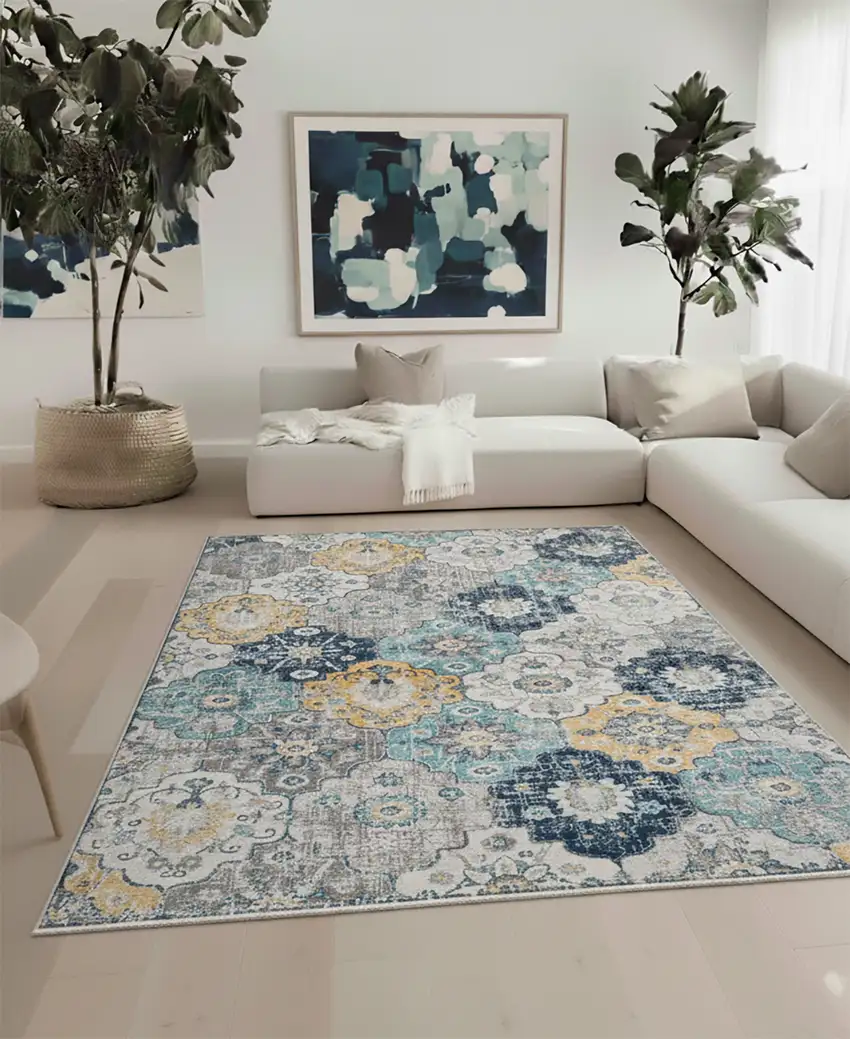 Blue and Yellow Floral Area Rug Photo 6