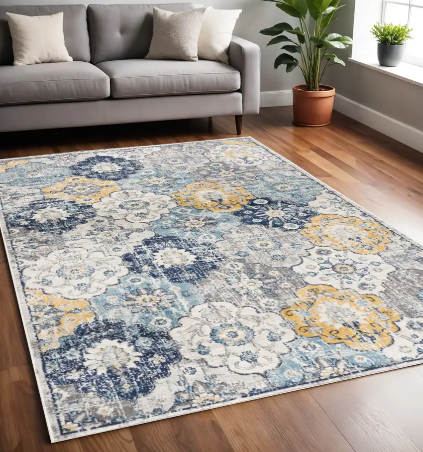 Blue and Yellow Floral Area Rug Photo 1