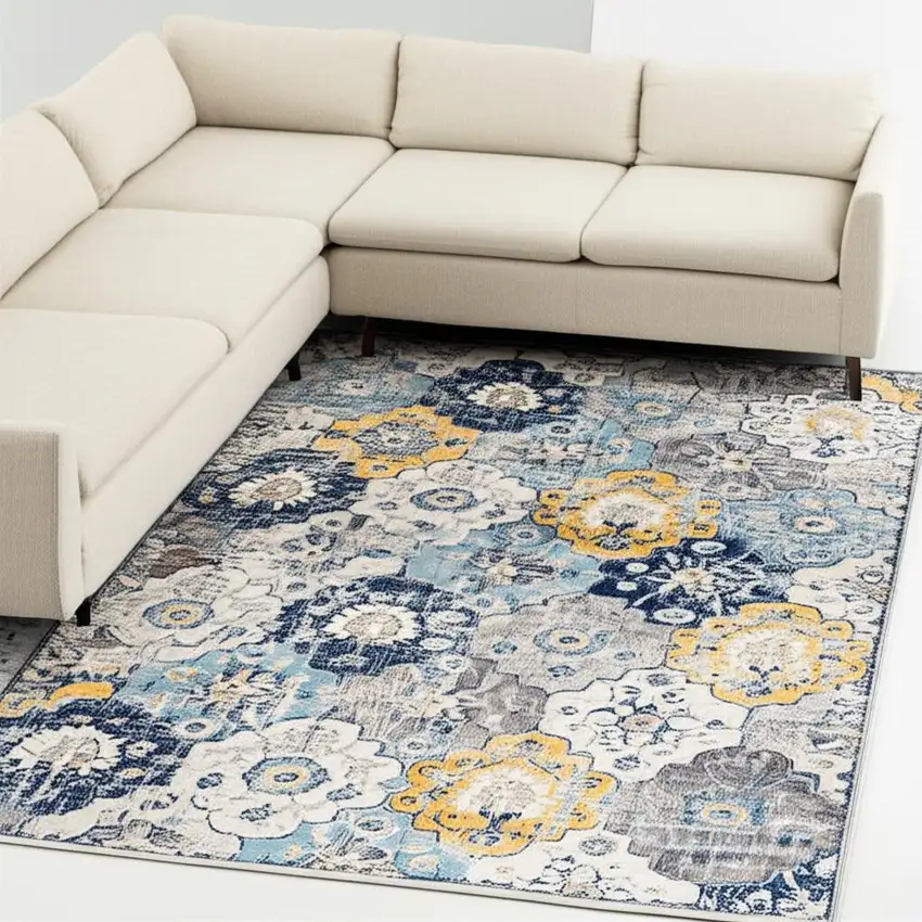 Blue and Yellow Floral Area Rug Photo 2