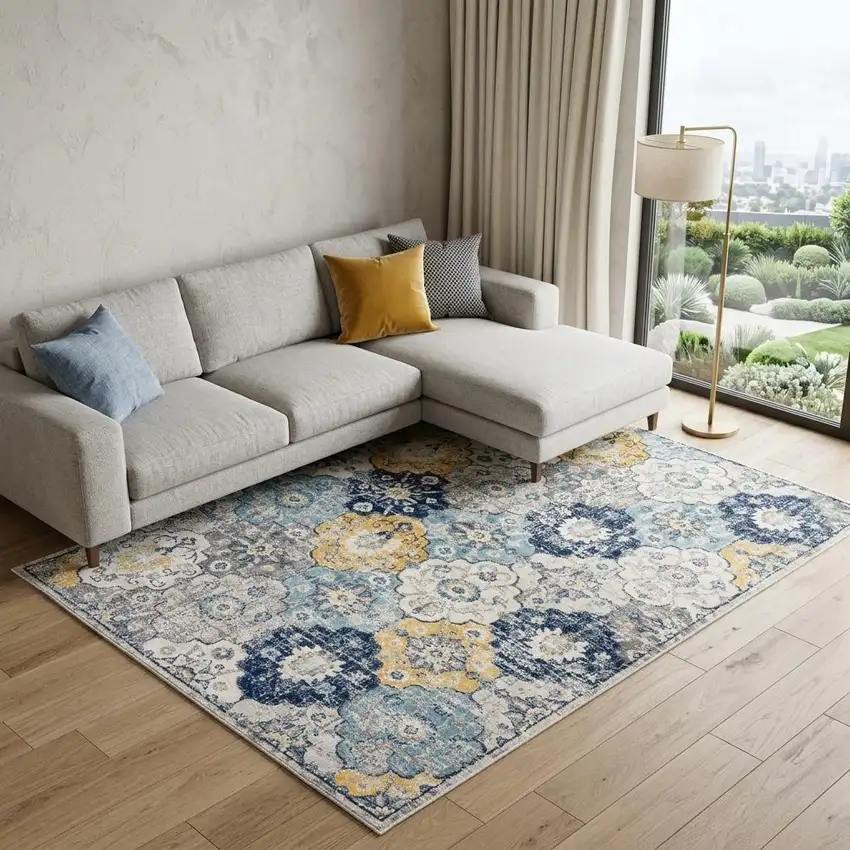 Blue and Yellow Floral Area Rug Photo 1