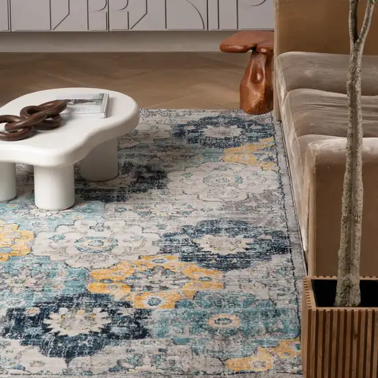 Blue and Yellow Floral Area Rug Photo 7