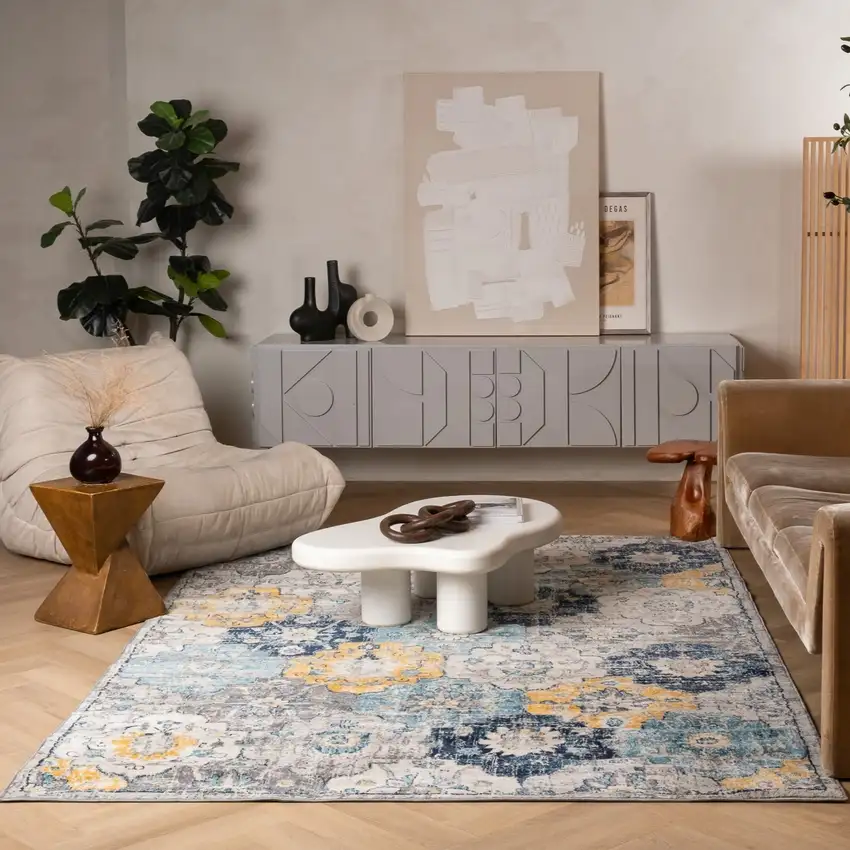 Blue and Yellow Floral Area Rug Photo 6