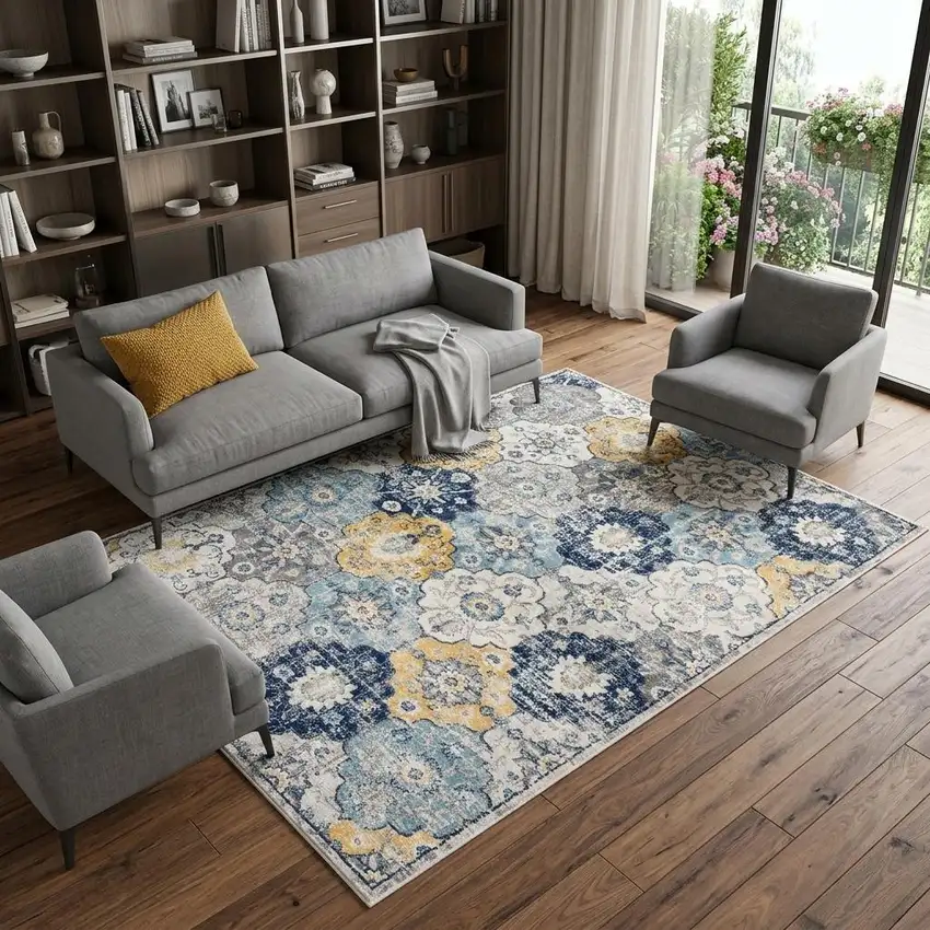 Blue and Yellow Floral Area Rug Photo 1