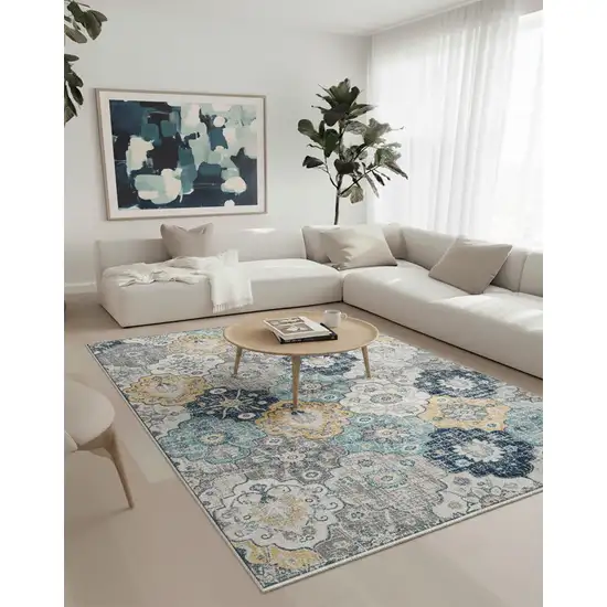 Blue and Yellow Floral Area Rug Photo 6