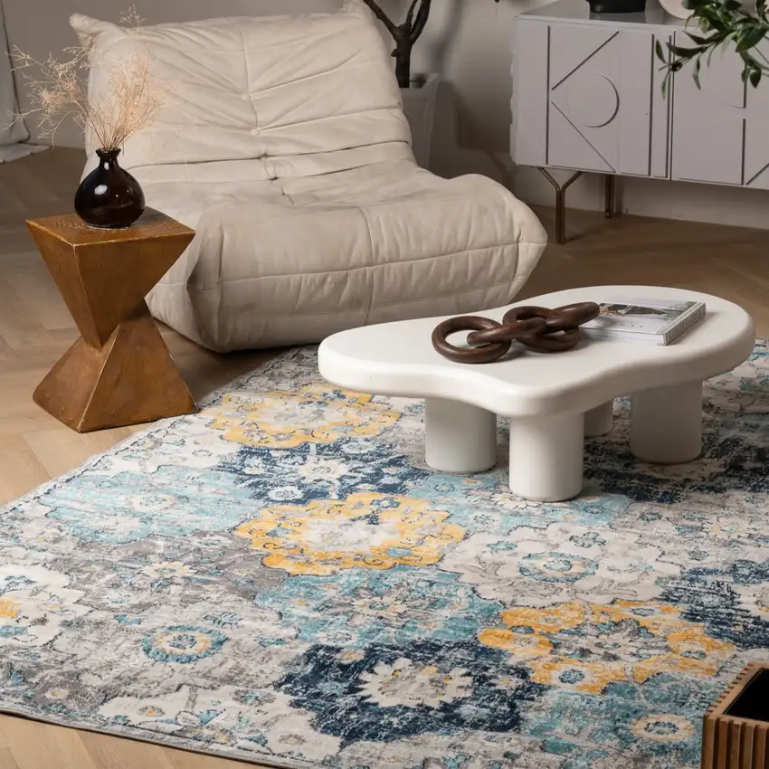 Blue and Yellow Floral Area Rug Photo 7