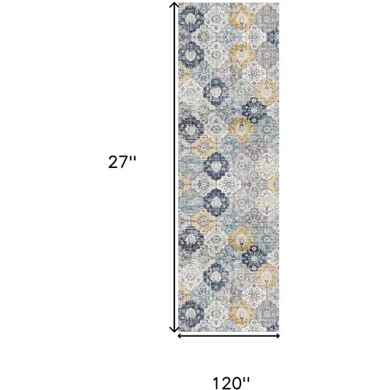 10' Blue And Yellow Floral Runner Rug Photo 7