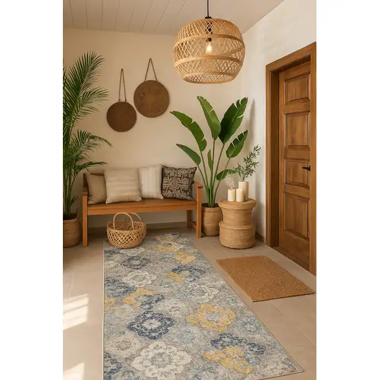 10' Blue And Yellow Floral Runner Rug Photo 6