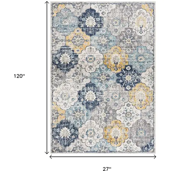 10' Blue And Yellow Floral Runner Rug Photo 3