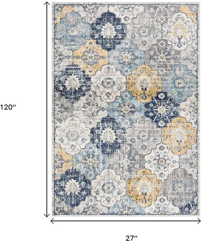 10' Blue And Yellow Floral Runner Rug Photo 3