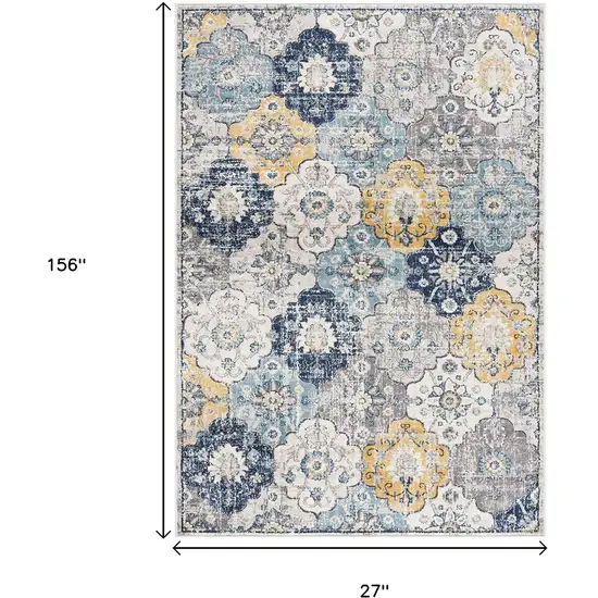 13' Blue And Yellow Floral Runner Rug Photo 3