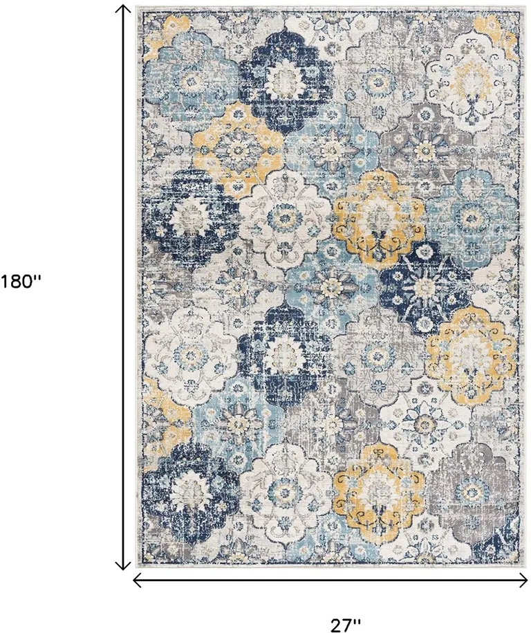 Blue Distressed Floral Runner Rug Photo 5