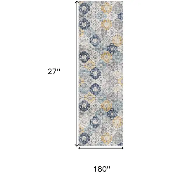 15' Blue And Yellow Floral Runner Rug Photo 7