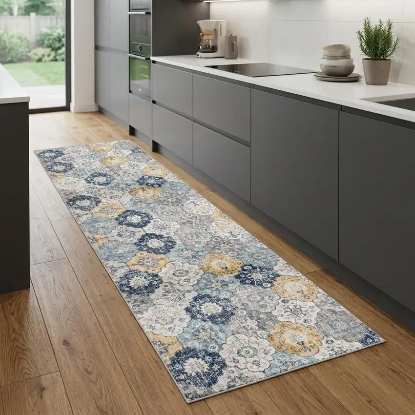 8' Blue And Yellow Floral Runner Rug Photo 1