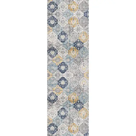 8' Blue And Yellow Floral Runner Rug Photo 1
