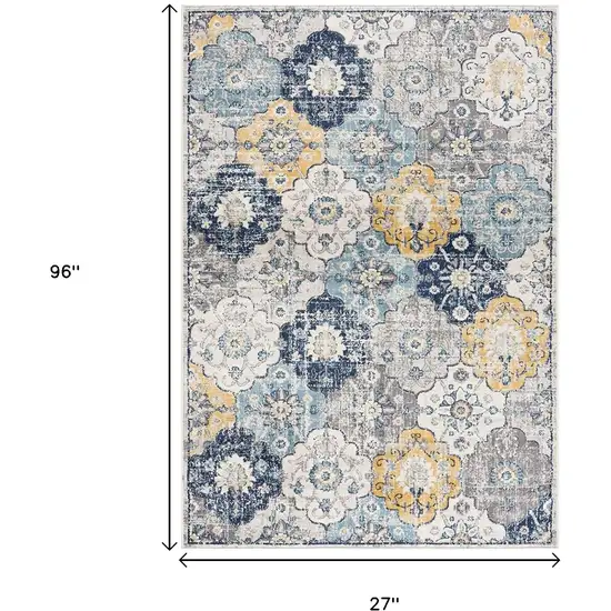 8' Blue And Yellow Floral Runner Rug Photo 7