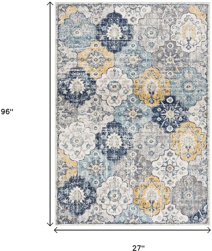 8' Blue And Yellow Floral Runner Rug Photo 7