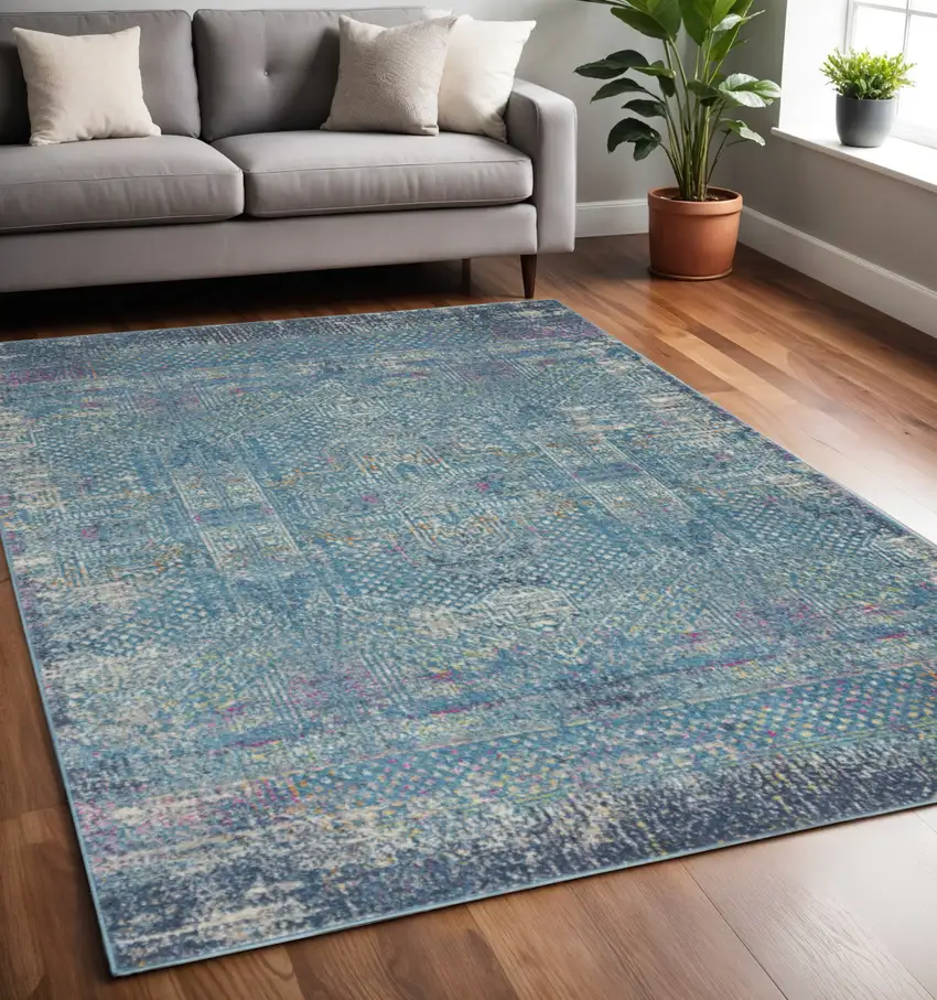 Blue And Ivory Southwestern Distressed Area Rug Photo 2