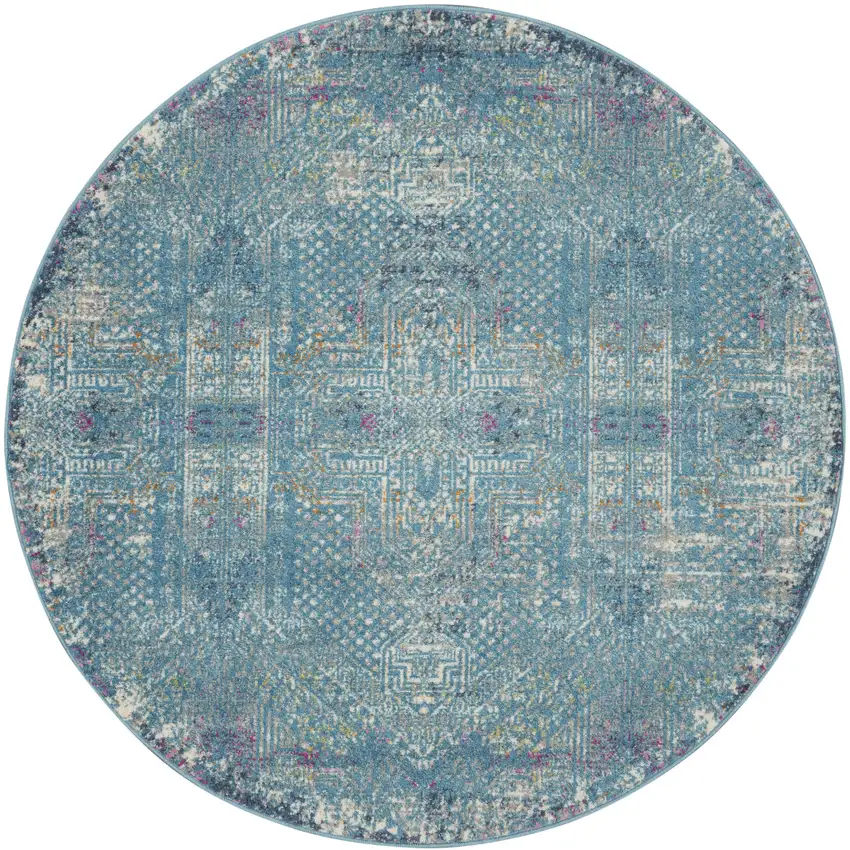 5' Blue Round Southwestern Power Loom Area Rug Photo 9