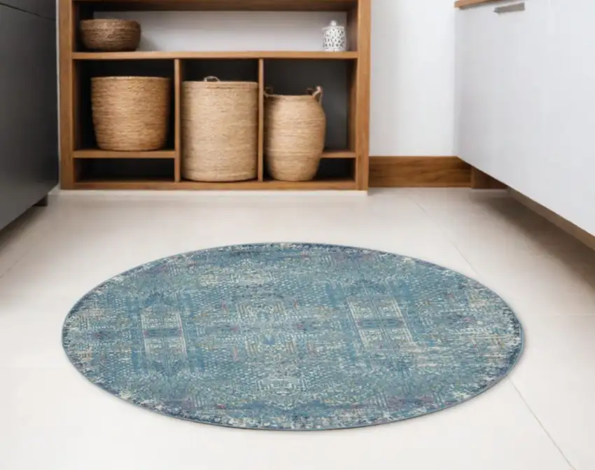 5' Blue And Ivory Southwestern Distressed Round Rug Photo 2