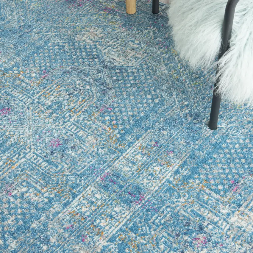 5' Blue And Ivory Southwestern Distressed Round Rug Photo 8