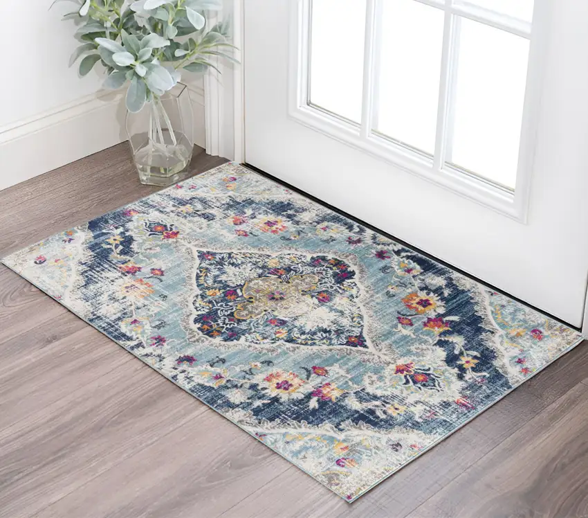 Blue and Ivory Medallion Area Rug Photo 1