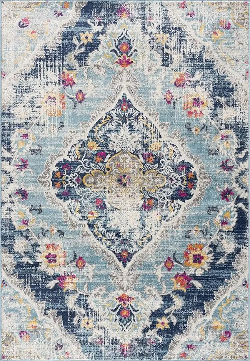 Blue and Ivory Medallion Area Rug Photo 2
