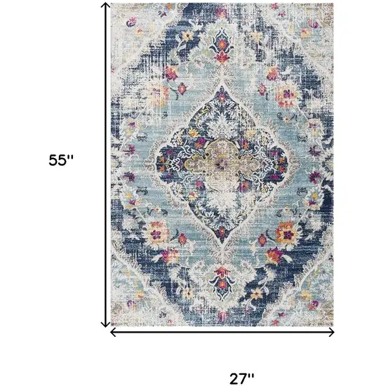 Blue and Ivory Medallion Area Rug Photo 3