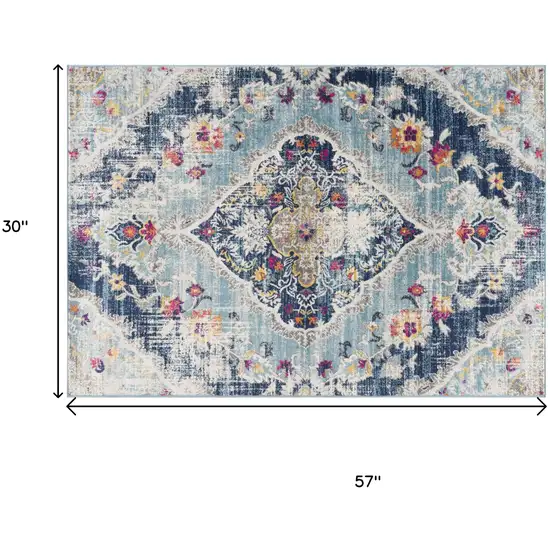 Blue and Ivory Medallion Area Rug Photo 3