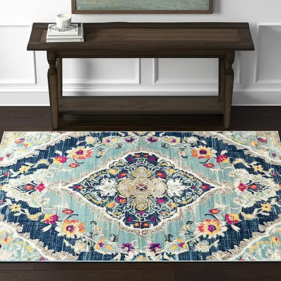 Blue and Ivory Medallion Area Rug Photo 1