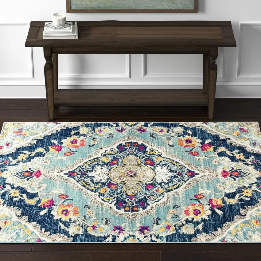 Blue and Ivory Medallion Area Rug Photo 1