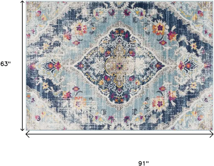 Blue and Ivory Medallion Area Rug Photo 3