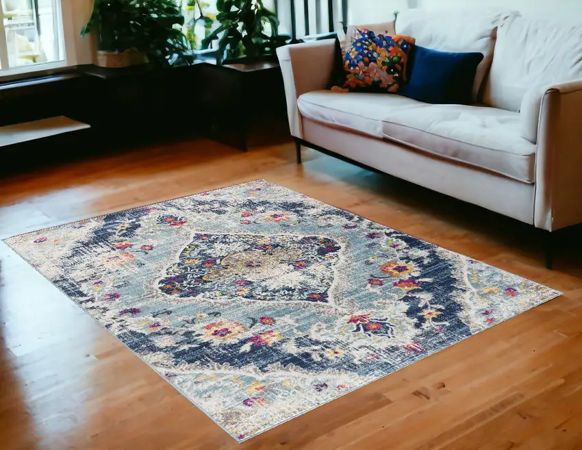 Blue and Ivory Medallion Area Rug Photo 1