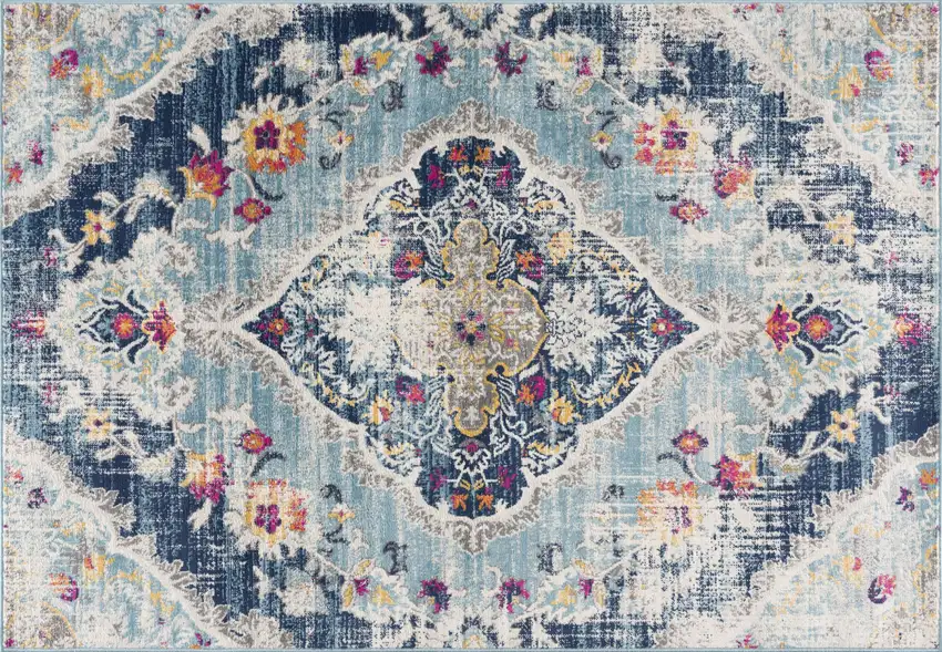 Blue and Ivory Medallion Area Rug Photo 5