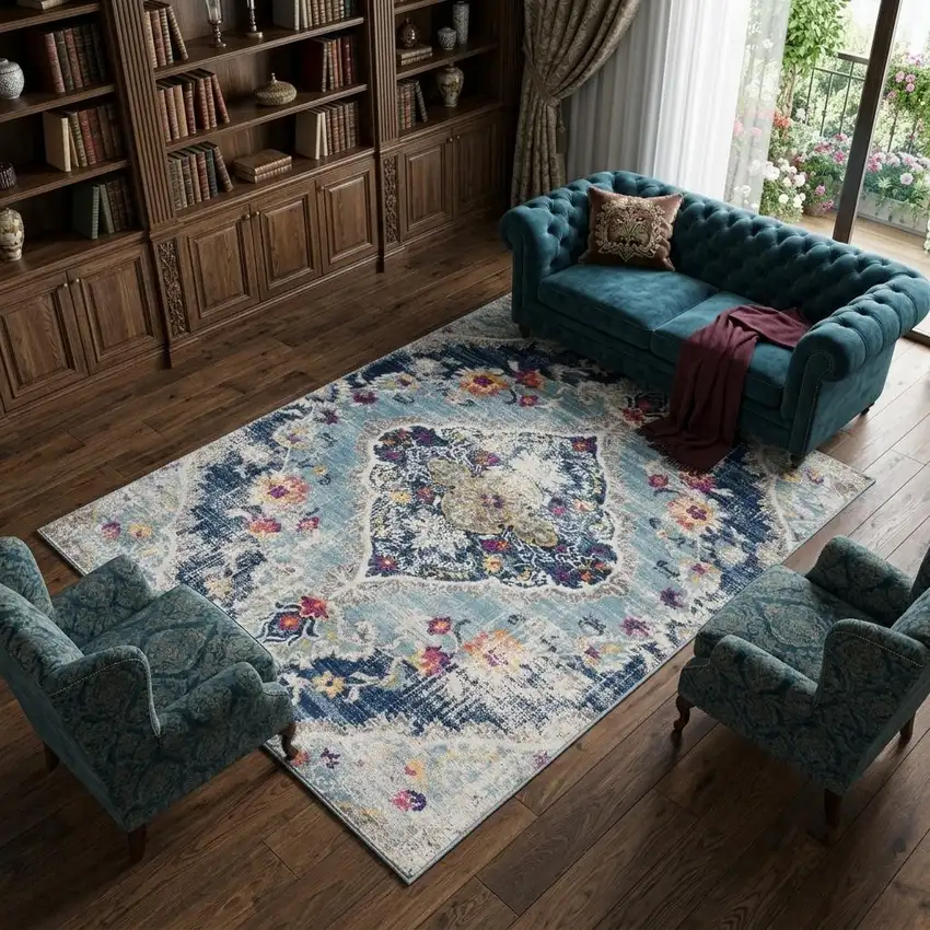 Blue and Ivory Medallion Area Rug Photo 1