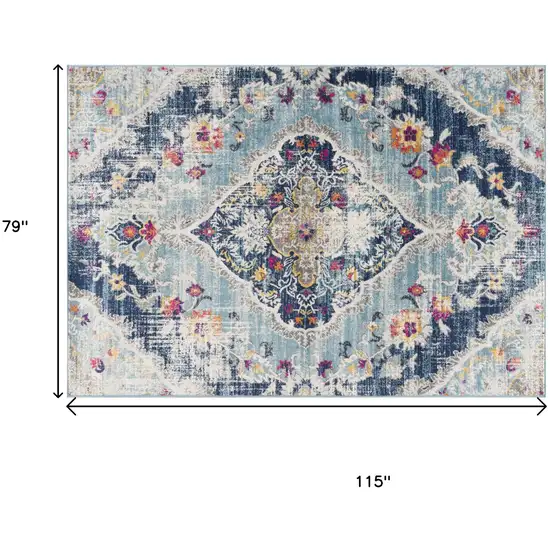 Blue and Ivory Medallion Area Rug Photo 3